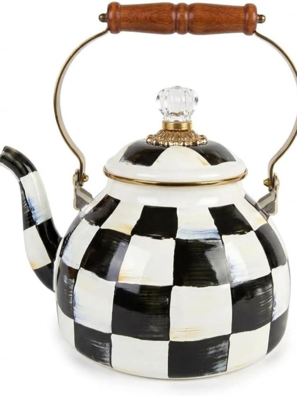 Stylish Black & White Checkered Tea Kettle - Vintage Enamel Teapot for Kitchen